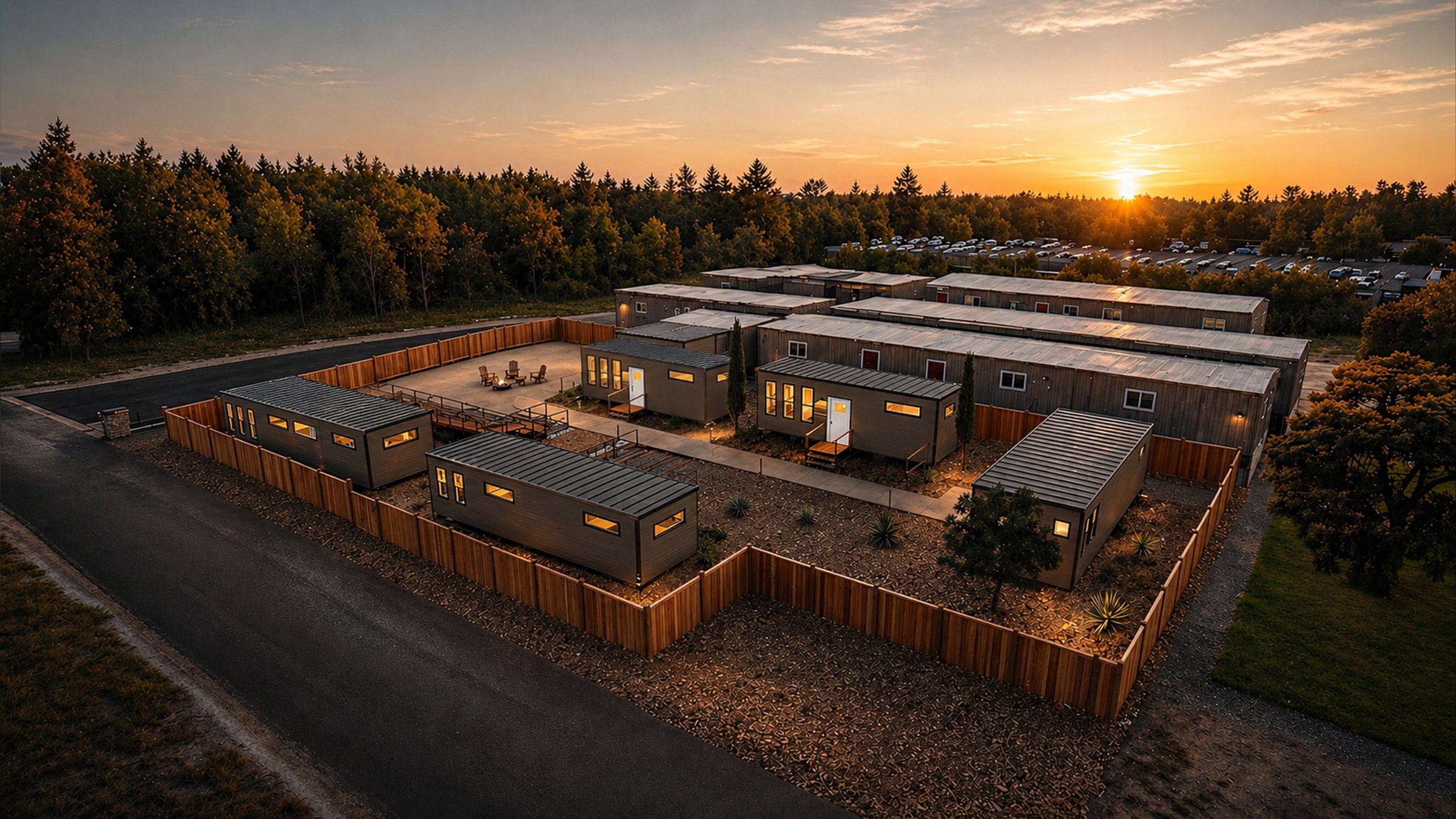 Aerial rendering of the completed Student Village at sunset
